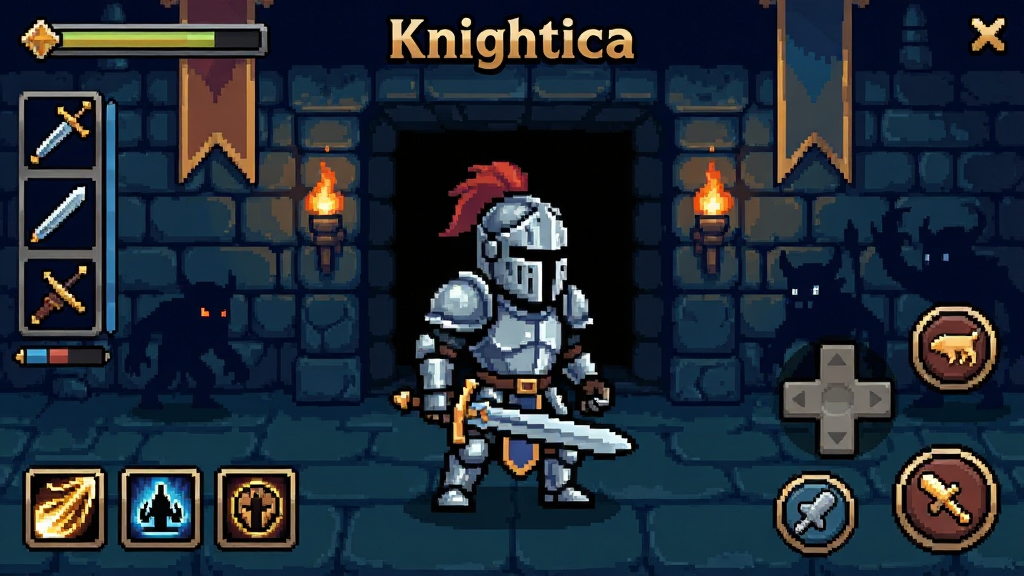 һ��չʾKnightica��Ϸ������Ŀ����廭������������һλ������ɫ���׵���ʿ�ֳֳ������������İ��ĵ����������˸�Ļ�ѣ��������������װ�����뼼��ͼ�꣬�Ҳ���ʾ����ҡ���빥����ť��������Ϊ����������������ɫ�������������ů��Ϊ����ϸ�ڰ���ʯש������Ʈ����������Զ���Ĺ����Ӱ�����������ɾ����޶���Ԫ�أ����������ֱ�ע��Knightica��