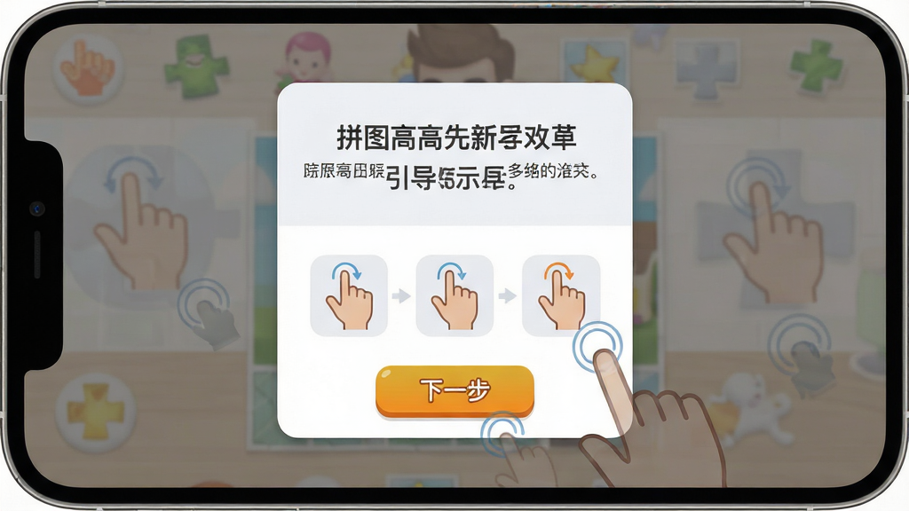 一张拼图高高手游戏新手引导界面示意图,主体是手机屏幕显示游戏操作教学弹窗,布局为居中卡片式设计,排版上方为文字说明区域,下方为手势示意图标,风格为简洁友好的新手引导视觉,细节包括半透明遮罩背景、手指点击动画轨迹、下一步按钮高亮,画质高清,干净,无多余元素