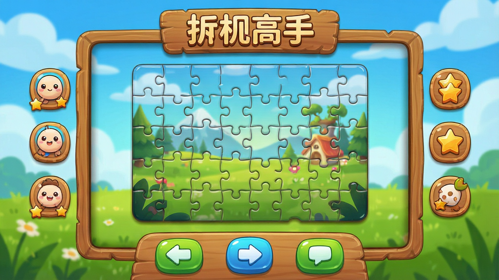 一幅色彩明快的手机拼图游戏界面全景图,画面中心是拼图高高手游戏的主界面,显示一幅被打散的风景拼图碎片,碎片边缘圆润有光泽,周围环绕着可爱的小图标和关卡星级,布局上方为游戏标题区,下方为操作按钮区,排版简洁清晰,风格为卡通休闲游戏风,细节包括木质纹理边框、柔和阴影、明亮的蓝天草地背景,画质高清,干净,无多余元素
