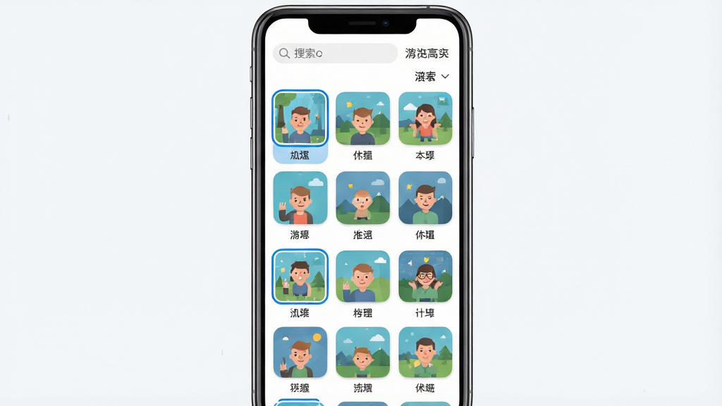 一张展示拼图高高手游戏图库选择界面的图片,主体是手机屏幕中排列整齐的图片缩略图网格,布局为三列纵向滚动,排版中每张缩略图下方带有小字分类标签,风格为清新明亮的扁平化设计,细节包括缩略图圆角处理、选中状态的高亮边框、顶部搜索与分类筛选栏,画质高清,干净,无多余元素
