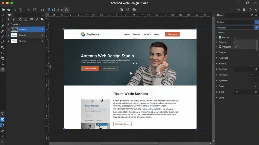 ����������ȫ��չʾ�������� Antenna Web Design Studio �ı༭���ڣ�����Ϊ���ͼ����塢�м���ҳ�������Ҳ�������壬��������ʾһ�����ڱ༭����ҵ��ҳ�����������������ͼƬ�����ֶ��䣬�Ű��������������Ϊ�ִ���ƽ����ƣ�ϸ�ڰ���������ͼ�ꡢ��ߡ������ߣ����ʸ��壬�ɾ����޶���Ԫ��