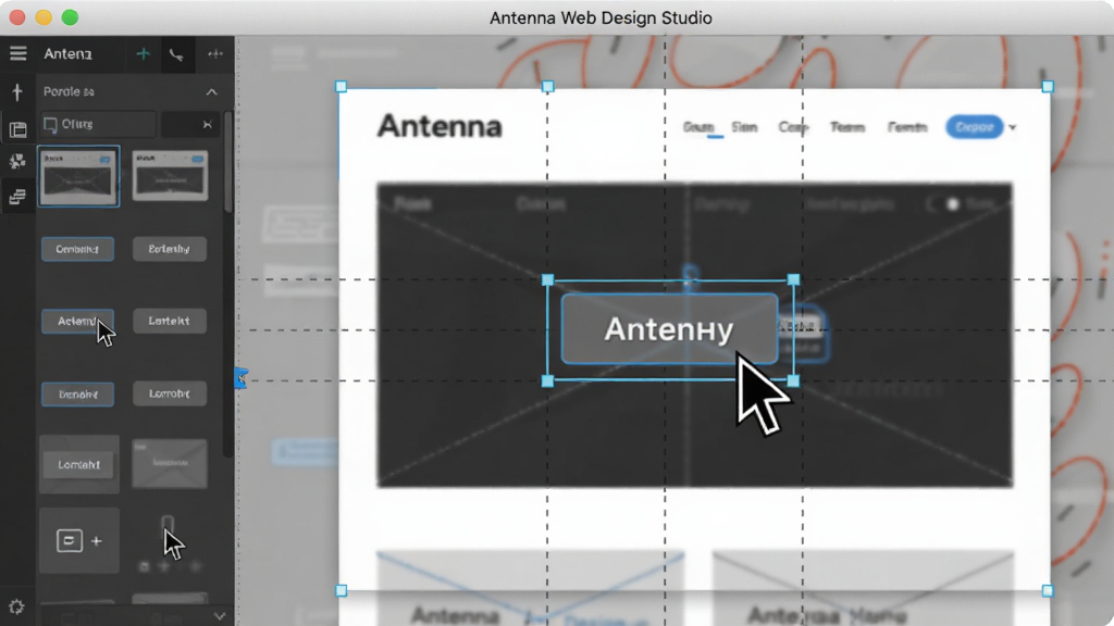 һ��չʾ Antenna Web Design Studio ��ק�༭���̵Ļ��棬�������������һ����ť���������ҳ����������Ϊ�������С����������࣬�Ű���ֲ���˲��Ķ�̬�У����Ϊдʵ������ͼ���ϸ�ڰ������߶�����ʾ�����ָ�롢��������߿򣬻����������ɾ����޶���Ԫ��