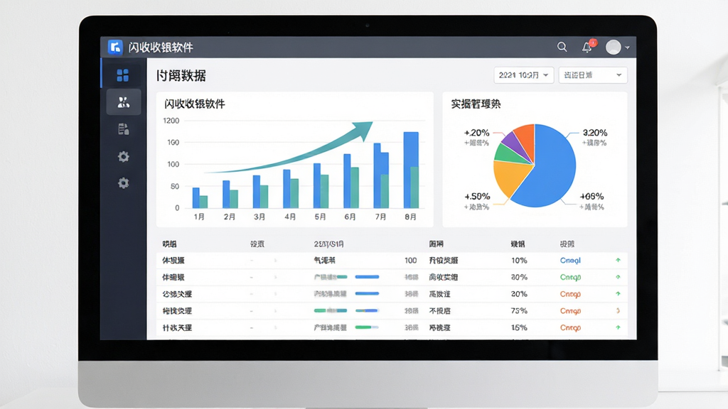闪收收银软件经营数据报表页面,画面主体为电脑屏幕上显示的柱状图与饼状图组合报表,布局为上方图表下方明细列表,排版整洁有序,风格为现代数据可视化风格,细节包括上升趋势箭头、百分比数字、日期筛选栏,画质清晰,干净,无多余元素
