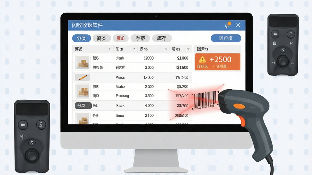 闪收收银软件商品库存管理界面,画面主体为电脑屏幕上显示的商品列表与库存数量表格,旁边有扫码枪正在扫描商品条码,布局为屏幕居中、外设环绕,排版清晰展示分类标签与库存预警图标,风格为扁平化科技风,细节包括条码扫描光线、库存数字变化、分类色块,画质清晰,干净,无多余元素
