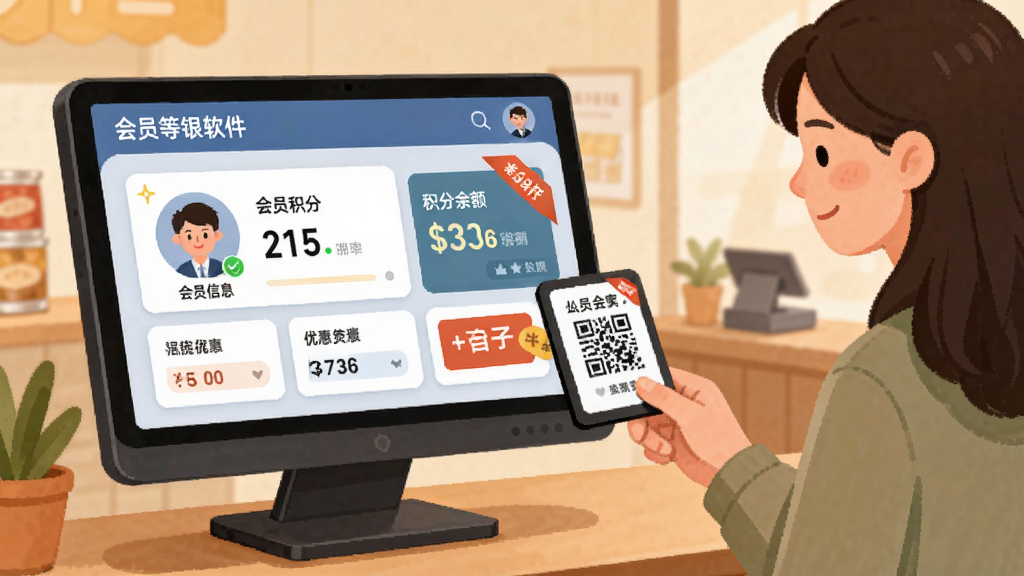 闪收收银软件会员管理功能展示,画面主体为收银电脑屏幕显示会员信息卡片与积分余额,旁边有顾客正在出示会员码,布局为屏幕与顾客互动场景,排版突出会员等级与优惠标签,风格为温馨商业插画,细节包括会员头像、积分数字、折扣角标,画质清晰,干净,无多余元素