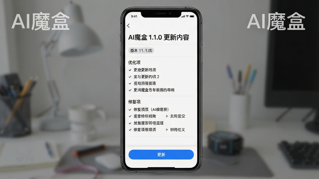 һ��չʾAIħ�и����������ʾ��ͼ������Ϊ�ֻ���Ļ��ʾ������־ҳ�棬����Ϊ��AIħ�� 1.1.0 �������ݡ����·��г��Ż�����޸������Ϊ����չʾ�����Ϊ���ϵͳ�����ͼ���ϸ�ڰ����汾�ű�ǩ�͸��°�ť�����������������ɾ����������С�AIħ�С����֡�
