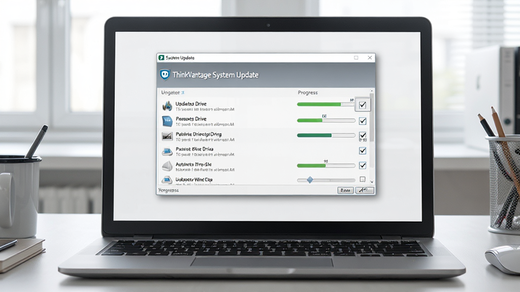 һ��չʾ�ʼǱ�������������ϵͳ���³���Ļ��棬��Ļ������ʾ��ThinkVantage System Update���������棬�������г���������µ�����������Ŀ���Ա��н������͹�ѡ�򣬱���������İ칫���棬������Ϊдʵ�Ƽ��磬ϸ�����������ʸ��壬�ɾ��޶���Ԫ��