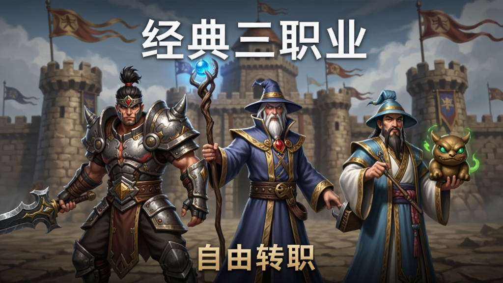 ��������չʾ���ߴ��棨���ְ棩��սʿ����ʦ����ʿ����ְҵ��ɫ����վ����սʿ�ֵ������ؼף���ʦ�ֳַ����������ۣ���ʿЯ���ٻ�������һ�࣬����Ϊɳ�Ϳ˳�ǽ��Ʈ���ս�죬�Ϸ��ð�ɫ�����ע��������ְҵ�����·��ý�ɫС�ֱ�ע������תְ����������Ϊ����ħ��дʵ�磬��ɫϸ����������Ӱ�Ա�ǿ�ң����ʸɾ��޶���Ԫ�ء�