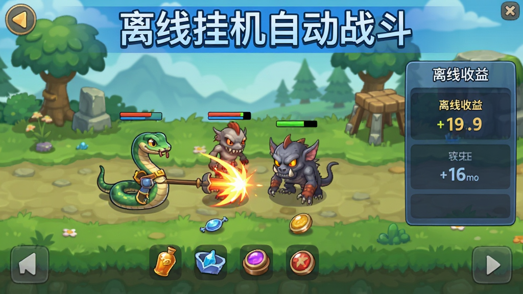 ����չʾ���ߴ��棨���ְ棩���߹һ����棬��ɫ�Զ�����������������Ʒ�Զ�ʰȡ����Ļ�����ʾ���������桱��壬����ΪҰ���ͼ���Ϸ�����ɫ�����ע�����߹һ��Զ�ս������������Ϊ��ˬ��Ϸ���棬���ʸɾ����޶���UI�ڵ���