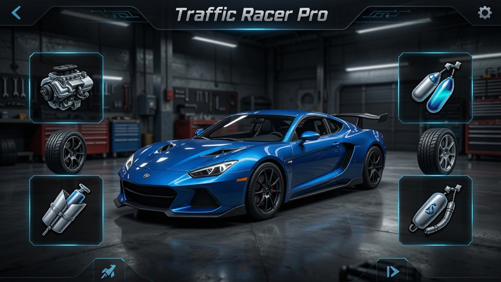 Traffic Racer Pro 车辆改装界面,展示一辆蓝色跑车停在车库中,周围环绕着引擎、轮胎、氮气等升级选项图标,界面采用深色科技风格,画质精细,布局清晰