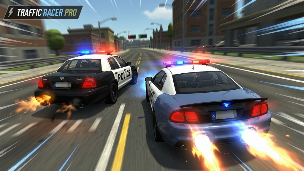 Traffic Racer Pro 游戏实机运行画面,展示一辆警车在后方追逐玩家车辆,玩家车辆正在使用氮气加速,画面带有火焰特效和速度线,3D风格,画质清晰流畅