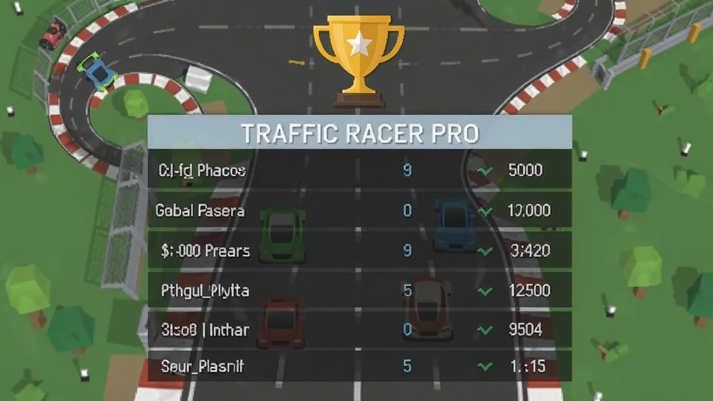 Traffic Racer Pro 排行榜界面,展示全球玩家分数列表,顶部有金色奖杯图标,背景是赛道俯视图,界面采用扁平化设计,画质干净整洁