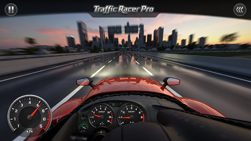 一张展示 Traffic Racer Pro 游戏主界面的图片,画面中央是一辆红色跑车在高速公路上飞驰,背景是黄昏时分的城市天际线,画面采用3D写实风格,细节包括仪表盘、后视镜和路面反光,画质清晰,干净无多余元素