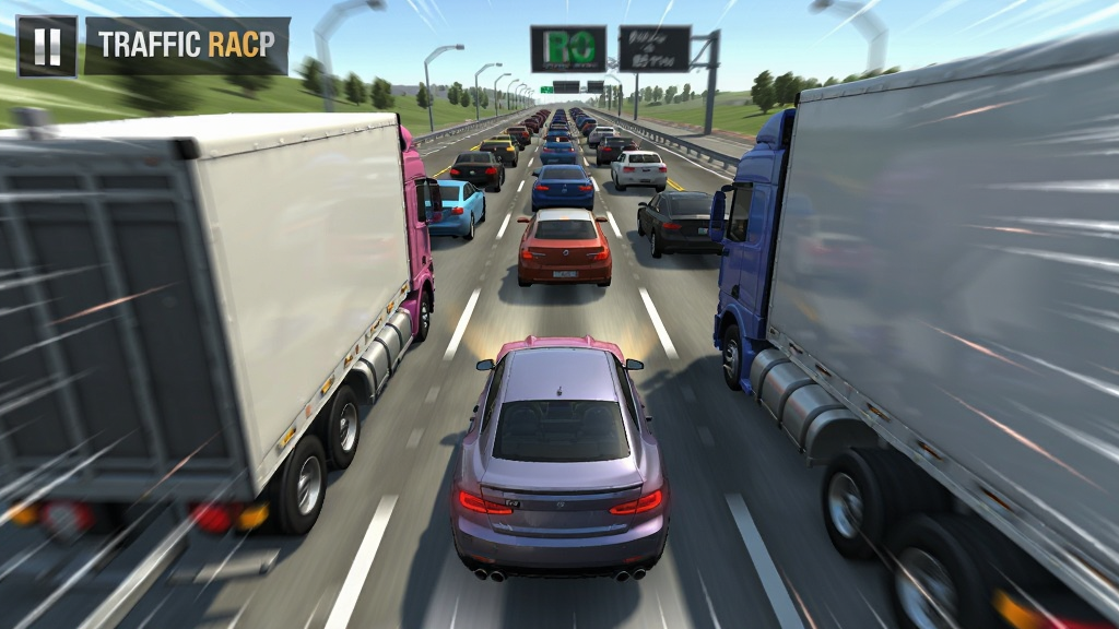 Traffic Racer Pro 游戏截图,展示多车道高速公路上的密集车流,玩家车辆正从两辆卡车之间穿行,画面带有速度线和动态模糊效果,3D渲染风格,画质干净清晰