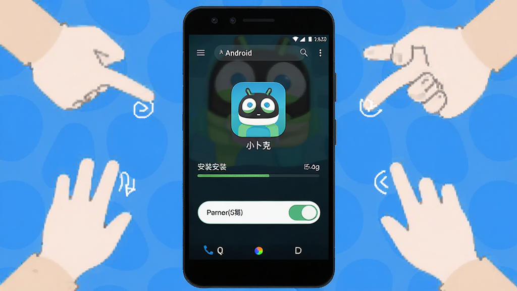 ����ΪС���˰�׿�ֻ���װ���棬���ֲ����ֻ���Ļ��д����Χ��������ʾ�⣬�Ű�ֱ�ۣ����Ϊ��ƽ���̷̳磬ϸ�ڰ�����װ��������Ȩ�޿��ذ�ť��С��������ͼ�꣬���ʸ��壬�ɾ����޶���Ԫ��