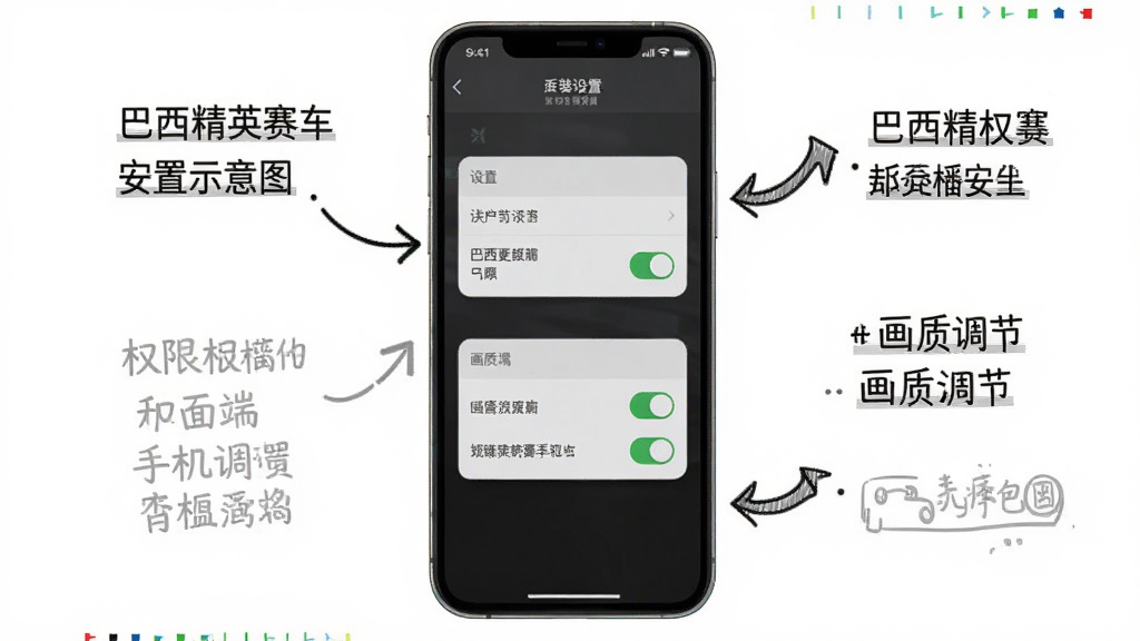 巴西精英赛车手机端安装设置示意图,画面展示手机屏幕上有权限设置和画质调节选项,旁边有手绘风格的提示箭头和文字标注,布局清晰,风格简洁教程风,细节包括设置菜单和开关按钮,画质高清,干净,无多余元素