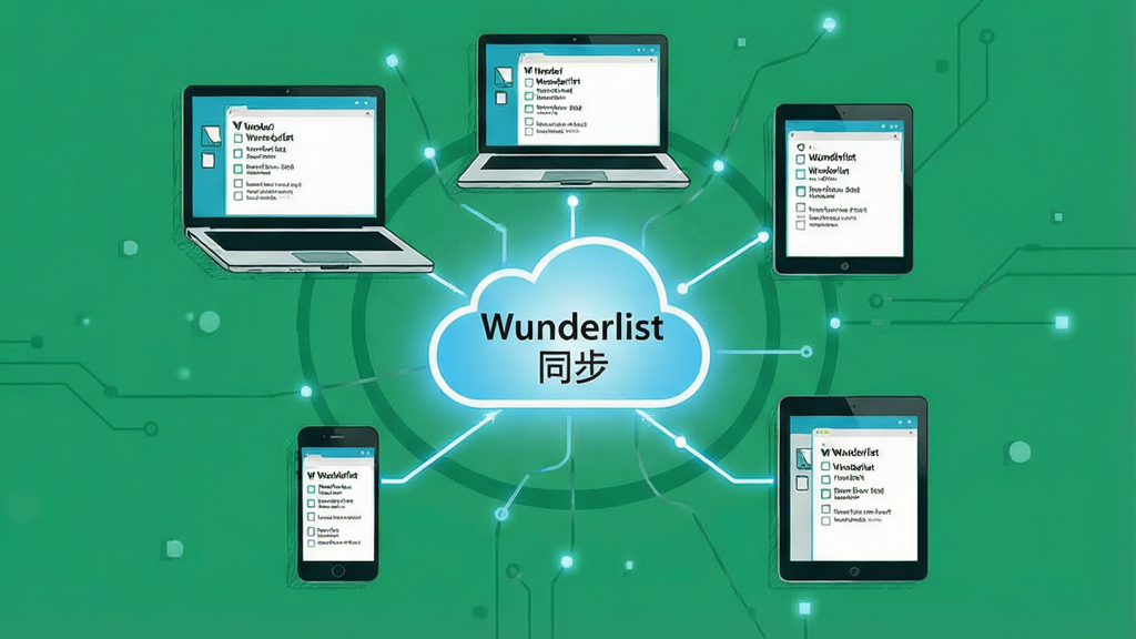 һ��չʾWunderlist��ƽ̨ͬ������Ĳ廭������Ϊ��̨�豸Χ��һ��������ƶ�ͼ�꣬�豸�����ʼǱ����ԡ������ֻ���ƽ����ԣ����ֳʻ��η���״���Ű����ƶ�Ϊ����������ɢ�����ߣ����Ϊ��Լ�Ƽ��廭�磬ϸ����ÿ̨�豸��Ļ����ʾ��ͬ���嵥���ݣ����������ע��Wunderlist ͬ����������Ϊ���壬�ɾ����࣬�޶���Ԫ��
