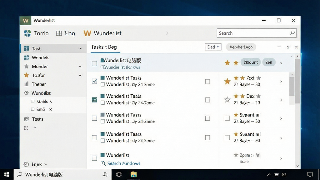 һ��չʾWunderlist��Windows����������ʱ�Ľ����ͼ���ͼƬ������Ϊ���������ڣ�����Ϊ���������Ҳ������б��ľ���˫���ṹ���Ű�����չʾ����嵥�����������Ŀ�����Ϊ�ִ��칫����������ϸ���ϰ�����ѡ���Ǳꡢ���ڱ�ǩ�������򣬻��������ֱ�ע��Wunderlist ���԰桱������Ϊ���壬�ɾ����࣬�޶���Ԫ��