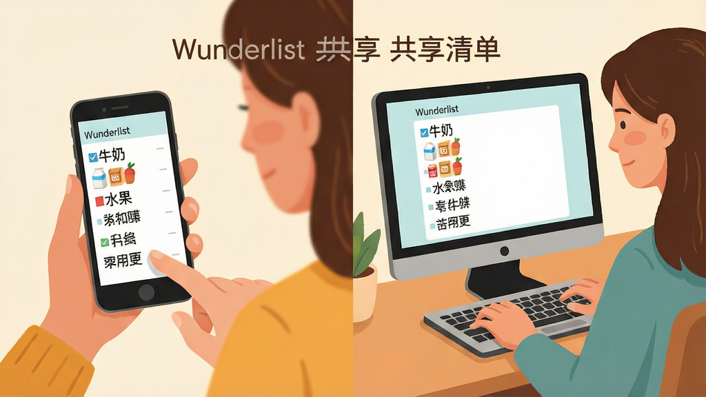 һ��չʾWunderlist�嵥����Э�����ܵĳ���ͼ������Ϊ�����˷ֱ�ʹ���ֻ��͵��Թ�ͬ�༭ͬһ�ݹ����嵥������Ϊ���ҷ����Աȣ��Ű��������������ֻ����Ҳ�����������ԣ����Ϊ��ܰ����廭�磬ϸ�����嵥�а���ţ�̡������ˮ������Ŀ�������б�ע��Wunderlist �����嵥��������Ϊ���壬�ɾ��������޶���Ԫ��
