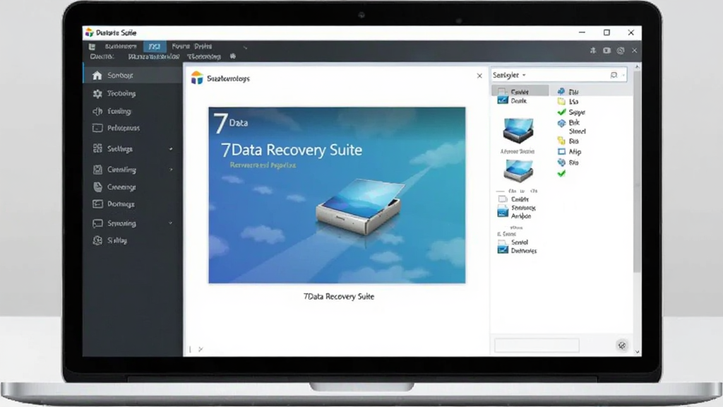 ����������չʾ�������������һ̨�򿪵ıʼǱ����ԣ���Ļ����ʾ7Data Recovery Suite�Ļָ��򵼽��棬���Ϊ���ܲ˵������Ҳ�Ϊ����ѡ�����򣬱���Ϊ�ɾ���ǳ��ɫ���棬��������רҵ�������������ɾ��޶���Ԫ��