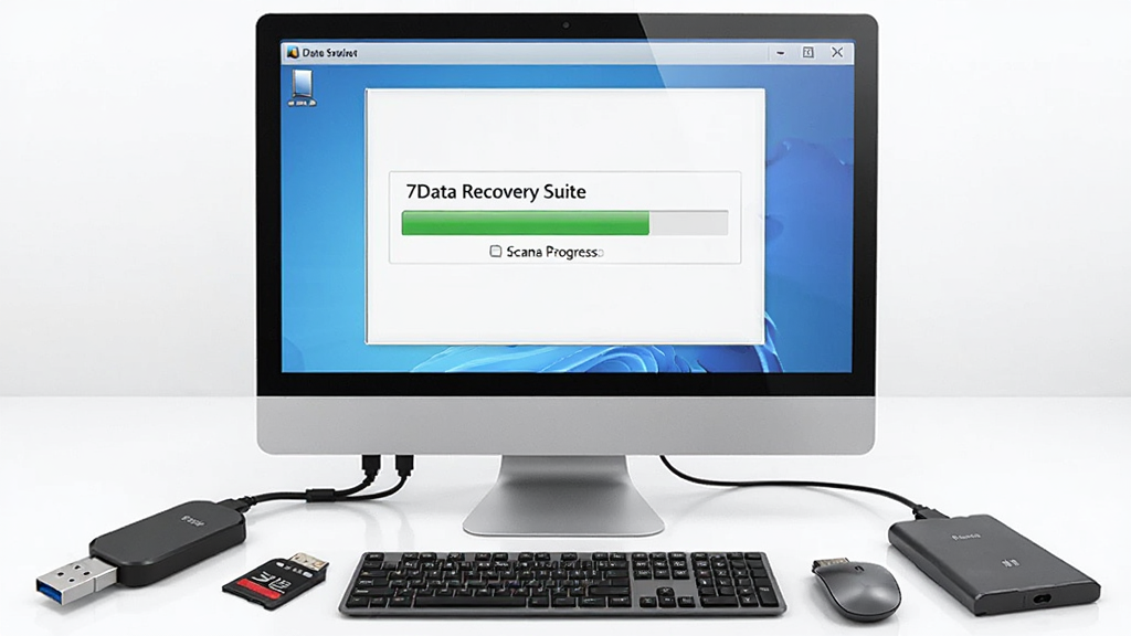 7Data Recovery Suiteʹ�ó���ʾ��ͼ������չʾһ̨�������Ӷ��ִ洢�豸����U�̡�SD�����ƶ�Ӳ�̣���Ļ����ʾɨ����ȣ����дʵ�������������ɾ�����