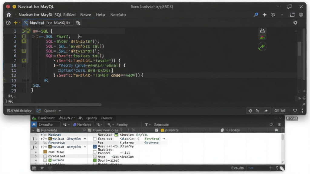 һ��չʾ Navicat for MySQL SQL �༭�������ͼƬ����������Ϊһ�������Ĵ���༭���ڣ���������ʾ�����﷨������ SQL ��䣬�·�Ϊ��ѯ������񣬲���Ϊ���½ṹ�����Ϊ��ɫ������⣬ϸ�ڰ����кš��ؼ�����ɫ���֡�ִ�а�ťͼ�꣬����Ϊ���壬�ɾ����޶���Ԫ��
