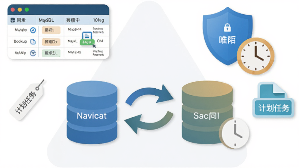 һ��չʾ Navicat for MySQL ����ͬ���뱸�ݹ��ܵ�ͼƬ����������Ϊ�������ݿ�ͼ��֮�����˫��ѭ����ͷ���Ա��ж�����ʱ��ͼ���ʾ��ȫ�붨ʱ������Ϊ���ǹ�ͼ�����Ϊ���Բ�Ǳ�ƽ�磬ϸ�ڰ���ͬ�������б��������ļ�ͼ�ꡢ�ƻ������ǩ������Ϊ���壬�ɾ����޶���Ԫ��