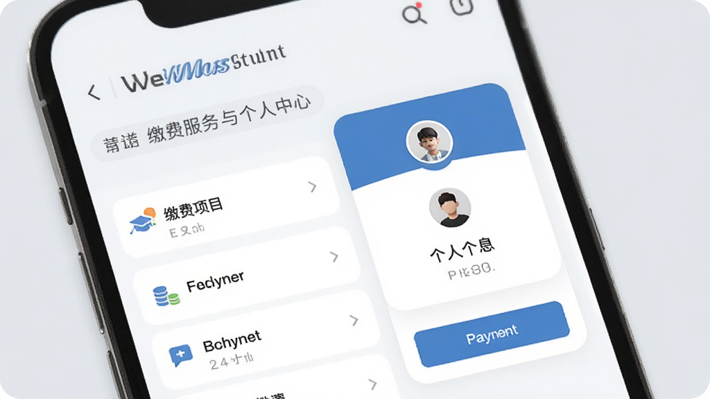 WeMust Student �ɷѷ�����������Ľ��棬�ֻ���Ļ��ʾ�ɷ���Ŀ�б��������Ϣ��Ƭ�������а���