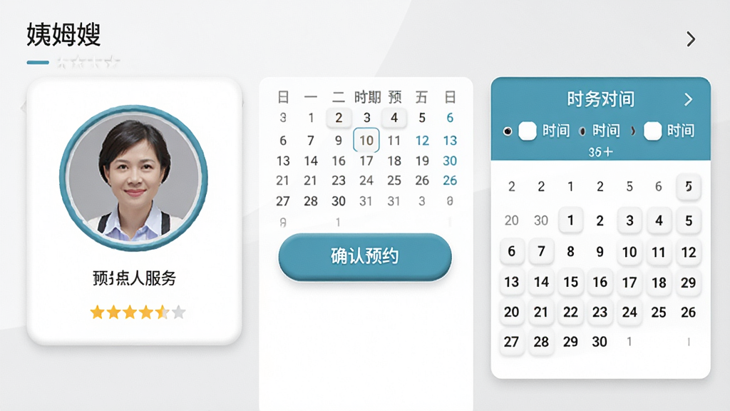 ���������ǡ���ķɩ��Ӧ�õķ���ԤԼ���棬���չʾ������Աͷ��Ƭ���Ǽ����֣��Ҳ���������ʱ��ѡ����壬�м���ȷ��ԤԼ��ť�����ֲ������ҷ������Ű����롣���Ϊ�ִ���Լ����磬ɫ���԰�ɫ��ǳ�Һͺ���ɫΪ����ϸ���ϰ�ť����΢����У�ͷ�����Բ�α߿������������������ʸɾ����޶���Ԫ�أ��ʺϹ���չʾ��ͼ��