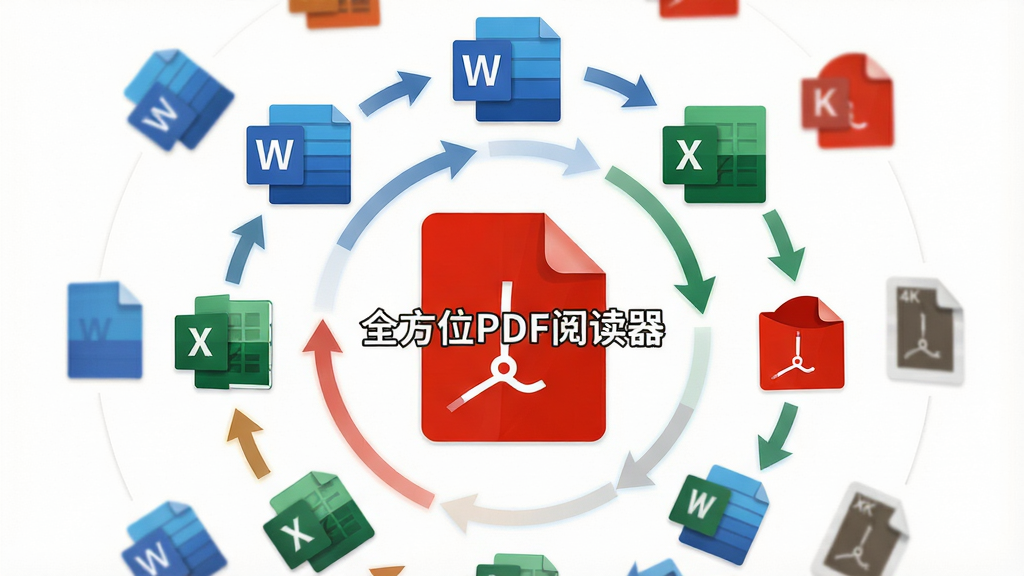 ȫ��λPDF�Ķ�����ʽת������ʾ��ͼ������Ϊ�����ͬ��ʽ���ļ�ͼ��Χ��PDF������ת���У����ֲ��û��η���״��ͼ���Ű�ͻ��ת�������ͷ�����Ϊ��ƽ��UI��Ʒ磬ϸ�ڰ���Word��ɫͼ�ꡢExcel��ɫͼ����PDF��ɫͼ�꣬����Ҫ��4K�����壬����ɾ����޶���Ԫ�أ����ı�ע��ȫ��λPDF�Ķ�������