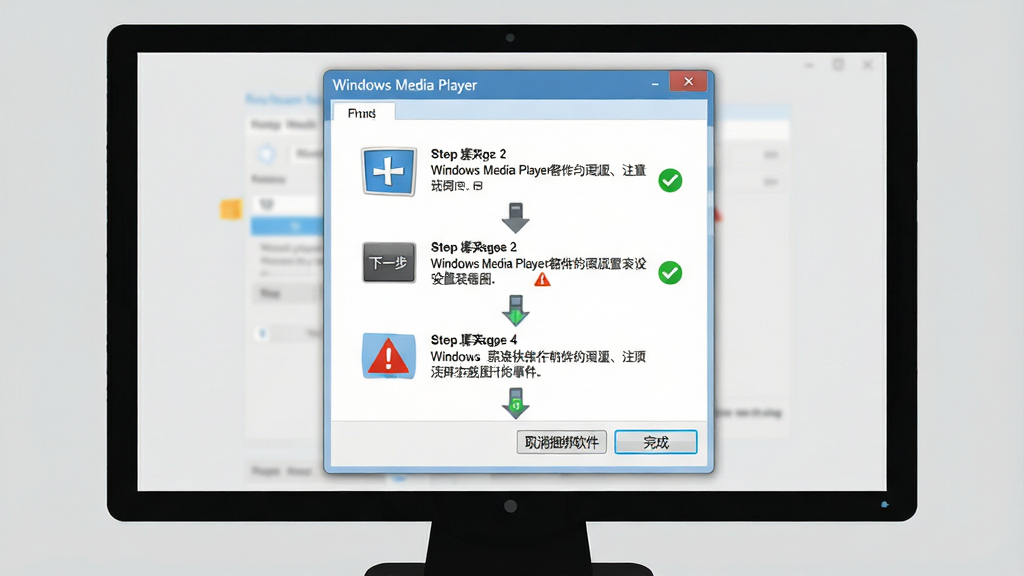 һ��Windows Media Player ���������ְ�װ���õ�����ͼ������Ϊ������Ļ����ʾ��װ�򵼽��棬�����а�������һ������ȡ����������������ɡ��Ȳ��谴ť������Ϊ��ֱ����ʽ���Ű����������Ϊ������˵ı�ƽ�廭�磬ϸ�ڰ���ÿһ����ͼ��ʾ�⡢��ɫ�Թ���ǡ���ʾ���Ƿ��ű�עע���������Ϊǳ��ɫ�������������ɾ����޶���Ԫ�ء�