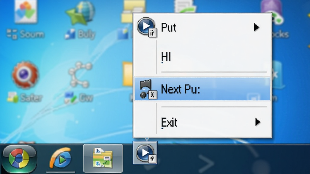 һ��Windows Media Player ������ϵͳ���̹��ܵ�ʾ��ͼ������ΪWindows���������½ǵ�ϵͳ������������ͼ���Ա�չ��һ���Ҽ��˵����˵��а������š���ͣ����һ�����˳���ѡ����ֽ��գ��Ű����������ΪWindowsԭ�����ϸ�ڰ�������ͼ���ý����š��˵��ĸ���ѡ��Ч����������������ͼ����Ϊ������׺�������������ɾ����޶���Ԫ�ء�