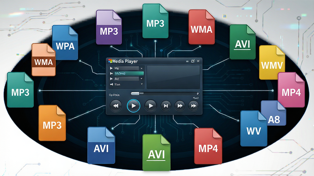 һ��Windows Media Player ������֧�ֶ���ý���ʽ��ʾ��ͼ������Ϊ��������Ա�Ư���Ŷ��ý���ļ�ͼ�꣬ͼ���Ϸֱ��עMP3��WMA��AVI��WMV��MP4������������Χ�ƿ������ʻ������У��Ű�������£����Ϊ�Ƽ��б�ƽ�磬ϸ�ڰ���ÿ���ļ�ͼ��Ķ���ɫ�ʡ����ӿ�������ϸ�ߡ�����Ϊ��ɫ���䣬�����������ɾ����޶���Ԫ�ء�