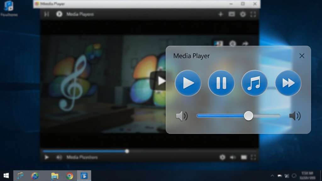 һ��չʾWindows Media Player ���������������ͼƬ������Ϊ���Ĳ��ſ������������Windows�����Ҳ࣬������в��š���ͣ����һ������һ������������Ȱ�ť�����������������Ű���գ����Ϊ�ִ���Լ�Ƽ��磬ϸ�ڰ�����͸��ĥɰ����Ч����Բ�ǰ�ť����ɫ����ͼ�꣬����ΪWindows Media Player���ڲ������ֻ���Ƶ�Ļ��棬�����������ɾ����޶���Ԫ�ء�