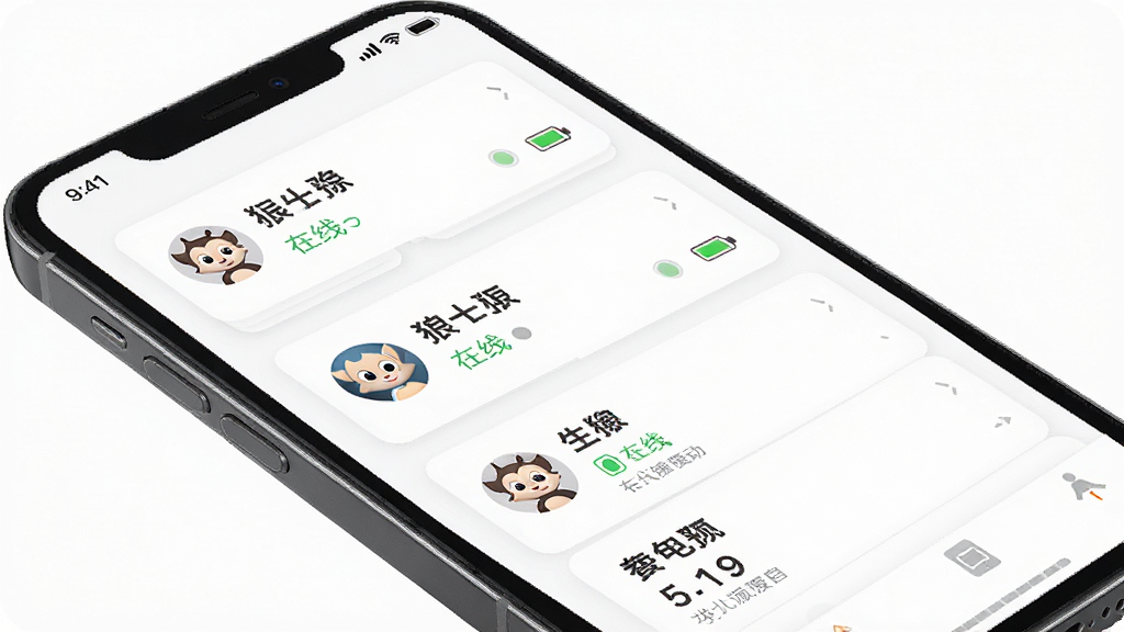 СԳ�����豸APP���豸��������չʾ���ֻ���Ļ��ʾ�豸�б���ÿ̨�豸�������ơ�����״̬�͵���ͼ�꣬���沼��Ϊ��Ƭʽ���У�����Ϊ��ɫ�����������ϸ�����������ʸ��壬�ɾ��޶���Ԫ��