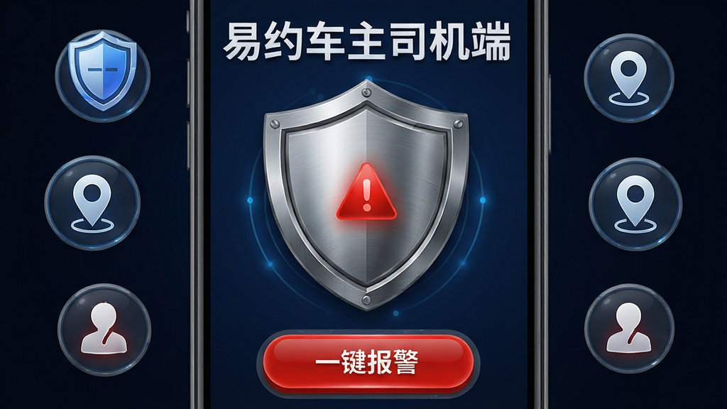 ��Լ����˾���˰�ȫ�������Ľ��棬�ֻ���Ļ��ʾһ��������ť���г̷���ͼ�꣬��Χ���ƶ��ơ���λ�ͽ�����ϵ��ͼ�꣬����Ϊ���ƾ��С��ֻ����ƣ��Ű���öԳ�ʽ�ṹ�����Ϊ��ȫ�Ƽ��磬ϸ����ͻ�����ƵĽ����ʸкͰ�ť�ĺ�ɫ��ʾɫ�����ʸ��壬�ɾ��޶���Ԫ�أ������д�������'��Լ����˾����'��