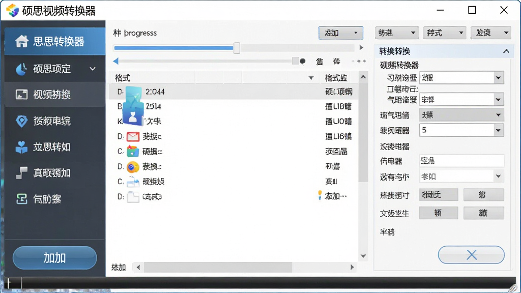 һ��չʾ˶˼��Ƶת������Sothink Video Converter�������������ͼƬ������Ϊ��������λ�ڻ������룬���Ϊ���ܵ��������Ҳ�Ϊ�ļ��б���ת�������������򣬲��������������Ű����������ơ�˶˼��Ƶת��������ʾ�ڴ��ڶ��������Ϊ�ִ���Լ�Ƽ��У�ϸ�ڰ�������������ʽ�����˵��������ļ���ť��UIԪ�أ����ʸ��壬����ɾ����޶���Ԫ�ء�