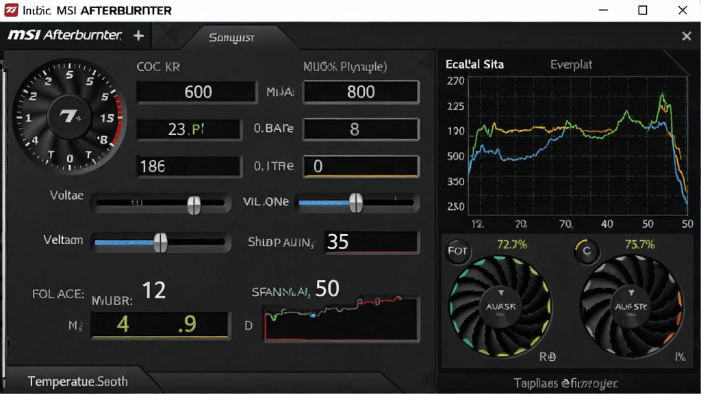 һ��չʾ΢���Կ���Ƶ����(MSI Afterburner)�������ͼƬ������Ϊ������ɫ���������壬��������Ϊ�Կ�����Ƶ�ʡ��Դ�Ƶ�ʡ���ѹ���������¶ȵȻ��˿ؼ����Ҳ�Ϊʵʱ�������ͼ���Ű��������գ����Ϊ�Ƽ���UI���棬ϸ�ڰ��������Ǳ�������ͼ�����ת�ٰٷֱȣ����������ɾ����޶���Ԫ�ء�