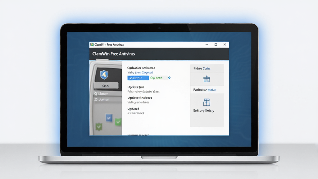 ����ȫò����ͼ������Ϊһ̨�򿪵ıʼǱ�������Ļ����Ļ������ʾ ClamWin Free Antivirus ���������棬�������ɨ�谴ť�����������״̬�͸�������ڣ����ּ�࣬�Ű���У����Ϊ�ִ���ƽ���Ƽ��磬ϸ������Ļ��Χ�е�������ɫ���Σ�����Ϊ�ɾ���ǳ��ɫ���棬�����������ɾ����޶���Ԫ��