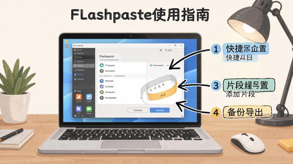 AI����ͼƬ������ΪFlashpasteʹ��ָ��ʾ��ͼ������չʾһ̨�ʼǱ�������Ļ����ʾFlashpaste���ý��棬�Ա����ֻ���ļ�ͷ��ע��ݼ����á�Ƭ�������뱸�ݵ�����ť������Ϊ������������������Ϊ�̳�ͼ��ʽ�廭��ϸ�ڰ��������š�������������˵����ǩ�����������ɾ��޶���Ԫ��