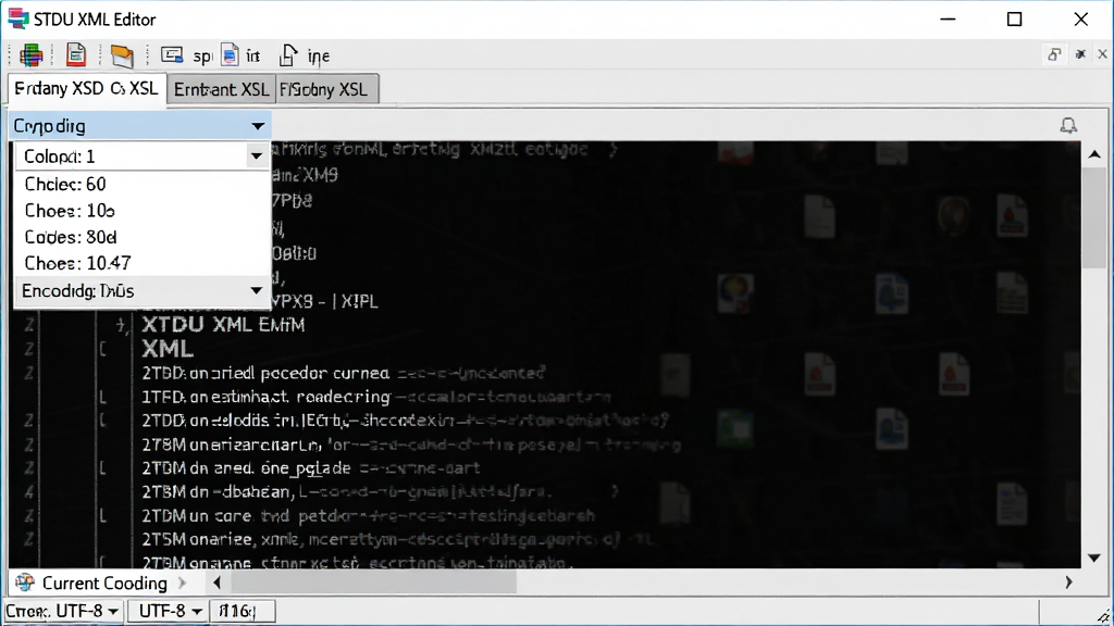 һ��չʾ STDU XML Editor ����ѡ�����ļ����ݹ��ܵ�ͼƬ����������������һ�� XML �ļ����ײ�״̬����ʾ��ǰ����Ϊ UTF-8��������ͬʱ�ɼ� XSD �� XSL �ļ���ǩҳ�����Ϊ���������ͼ��ϸ�ڰ������������˵����ļ�����ͼ������ǩ���������������ɾ����޶���Ԫ��