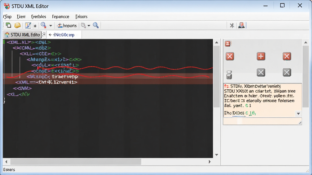 һ��չʾ STDU XML Editor ʵʱУ�鹦�ܵ�ͼƬ�������б༭��������ĳһ�� XML �����·����ֺ�ɫ�����ߴ�����ʾ���Ҳ��ײ���ʾ����������Ϣ�����ڶ����С�STDU XML Editor����ʶ�����Ϊ���������ͼ��ϸ�ڰ�������ͼ�ꡢ��ʾ��������������������������ɾ����޶���Ԫ��