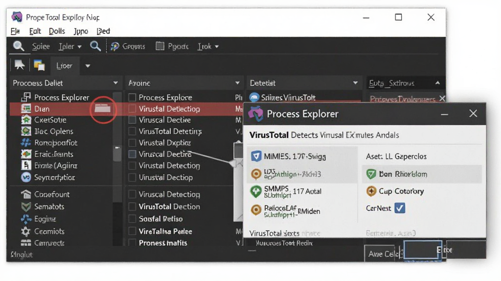 һ��չʾProcess Explorer����VirusTotal��⹦�ܵ�ͼƬ������������������ĳ�����̱��������Ϊ��ɫ���Աߵ���VirusTotal�������ʾ����ʾ���ɱ������ļ��״̬��������Ϊ��ɫ�����������ɫ�б��������ɾ����࣬�����������޶���Ԫ��