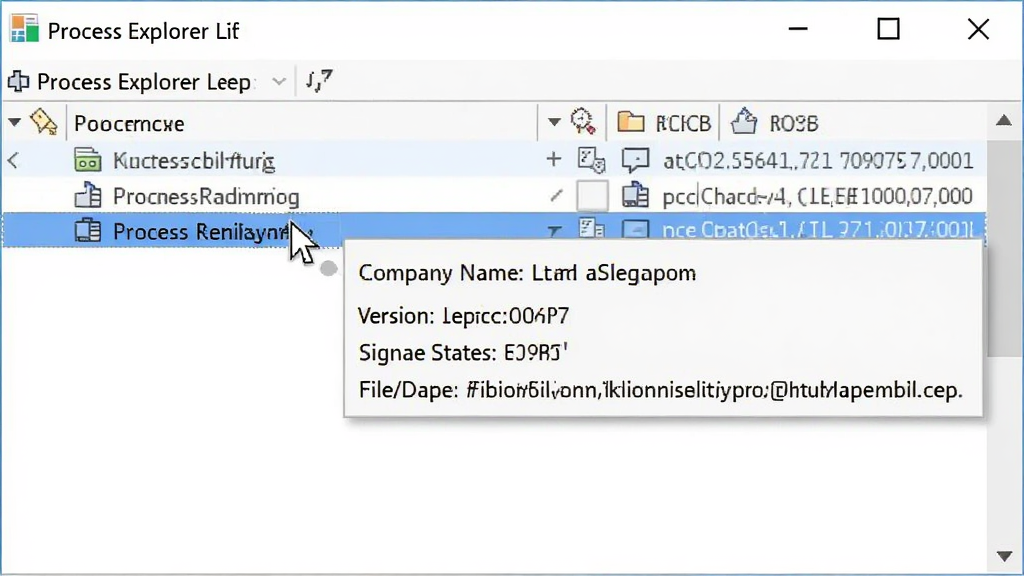 һ��չʾProcess Explorer��Դ���������ʾ��ͼƬ�����������ָ����ͣ��ĳ�����������ϣ��Աߵ�����Ϣ��ʾ����ʾ��˾���ơ��汾�š�ǩ��״̬���ļ�·�������ڱ���Ϊ��ɫ�б�������������רҵ�����������ɾ����޶���Ԫ��
