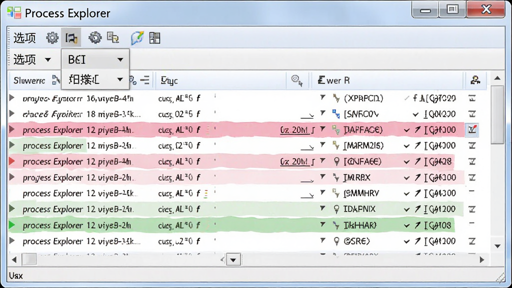 һ��չʾProcess Explorer���̸�����ʾЧ����ͼƬ�����������������ڲ��ֽ����Էۺ�ɫ����ɫ������ע���������ɼ�