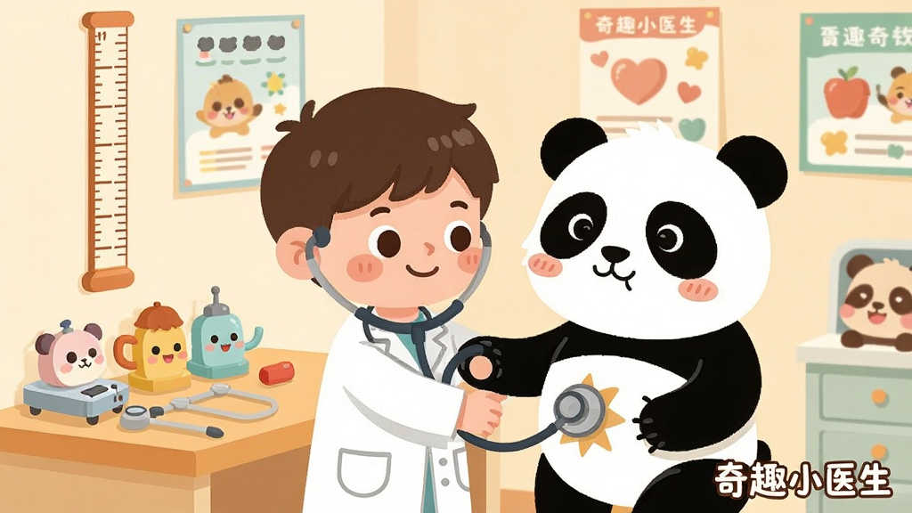 ��ͨ���ҳ�����д������չʾһ�䲼����ܰ�Ķ������ң�ǽ���������߳ߺͽ������������ϰڷ��Ÿ��ֿ�ͨ���͵�ҽ����е��һλСҽ��������������Ϊһֻ���Ŷ��ӵ���è���˼�飬����������ůɫ������ƽ��ʸ���廭���ϸ�ھ��£����������ɾ����޶���Ԫ�أ���������ע����ȤСҽ����