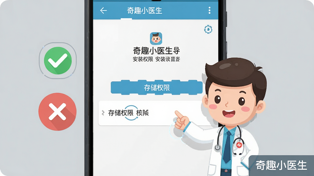 ���ֲ����������棬����չʾһ����׿�ֻ���Ļ��д����Ļ����ʾ��ȤСҽ���İ�װȨ������ҳ�棬�Ա�Ư���Ź�ѡ�͹رյ�ͼ�꣬һλ��ͨСҽ����ָ����Ļ�ϵĴ洢Ȩ��ѡ������Ǽ��Ļ�ɫ������ƽ���Ƽ����ϸ�����������ʸɾ����޶���Ԫ�أ���������ע����ȤСҽ����