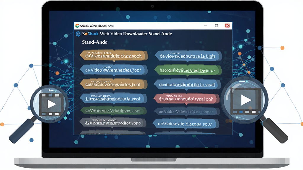 ��������Ϊһ̨�ʼǱ�������Ļ����Ļ����ʾ Sothink Web Video Downloader Stand-alone ���������Զ���������Ƶ���ӣ������Ը�����ǩ��ʽ���У�����Ϊ�������������������������Ϊ���й�ͼ�����Ϊ�Ƽ��б�ƽ�廭��ϸ�ڰ����Ŵ�����Ƶ����ͼ�꣬���ʸ��壬�ɾ���࣬�޶���Ԫ��