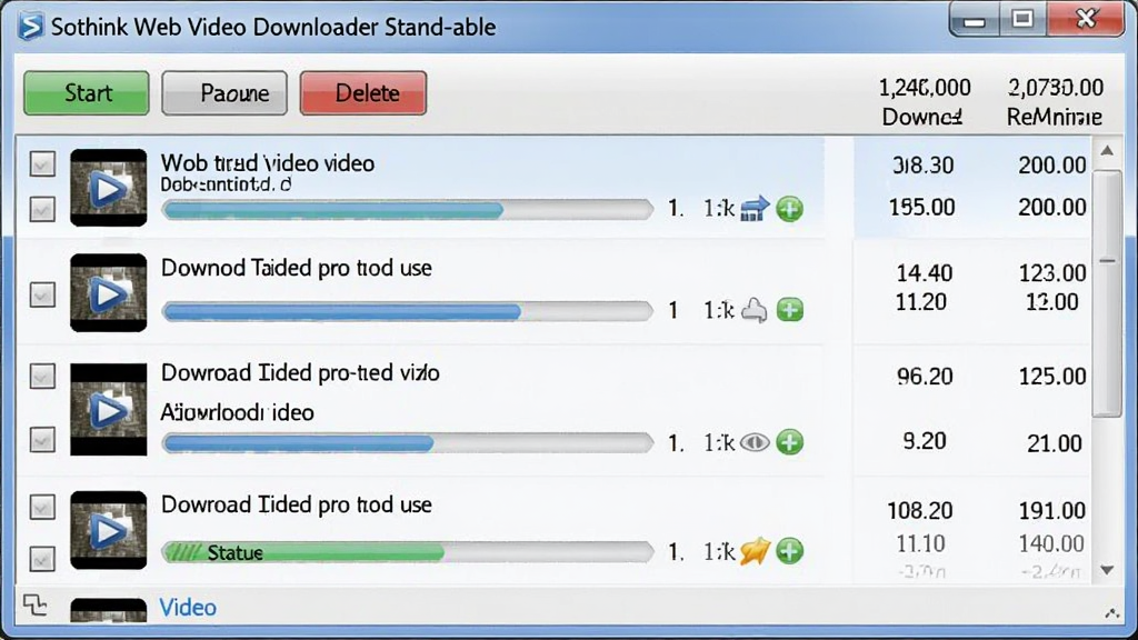 ���������ͼ��չʾ Sothink Web Video Downloader Stand-alone �����ض�����壬�б��������Ŷ����������Ƶ����ÿ������ǰ�и�ѡ�򣬶����п�ʼ����ͣ��ɾ����ť���Ҳ���ʾ�����ٶ���ʣ��ʱ�䣬������ɫΪǳ������ɫ�����Ϊʵ�ù��߽��棬ϸ�ڰ�����������״̬ͼ�꣬�����������ɾ�������