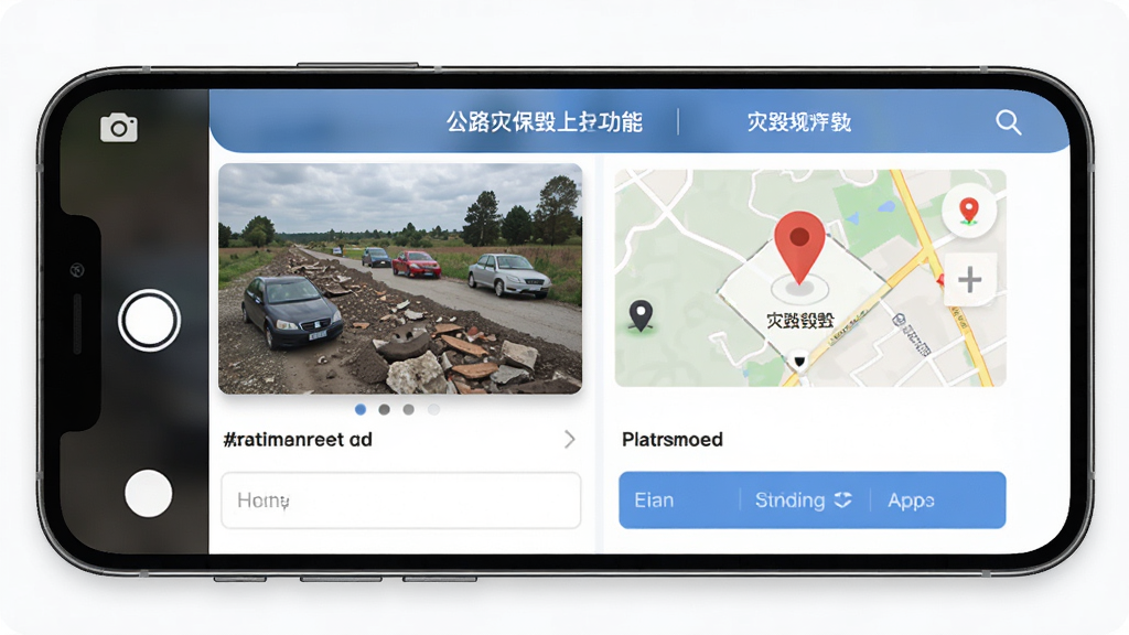 ��·�ֻٱ���APP�ֻ��ֳ��ϱ����ܽ��棬��������Ϊ�ֻ���Ļ��ʾ������Ƭ�붨λ��Ϣ������Ϊ���ҷ���չʾ�ϱ����̣����ΪдʵUI���ϸ�ڰ������ͼ�ꡢ��ͼ��λ��ǡ���������򣬻��ʸ��壬�ɾ���࣬�޶���Ԫ��
